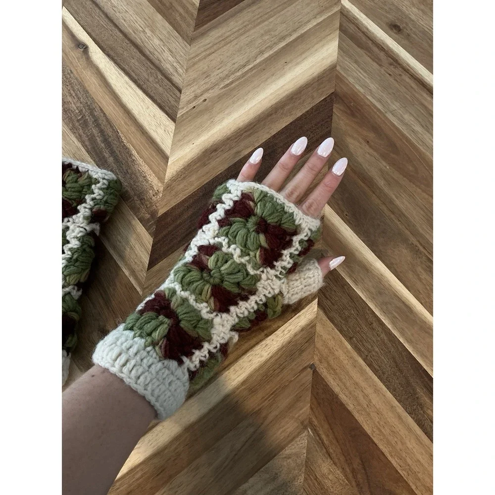 Crochet Fingerless Gloves Mittens Granny Square Made In‎ Nepal Cozy Green Brown
